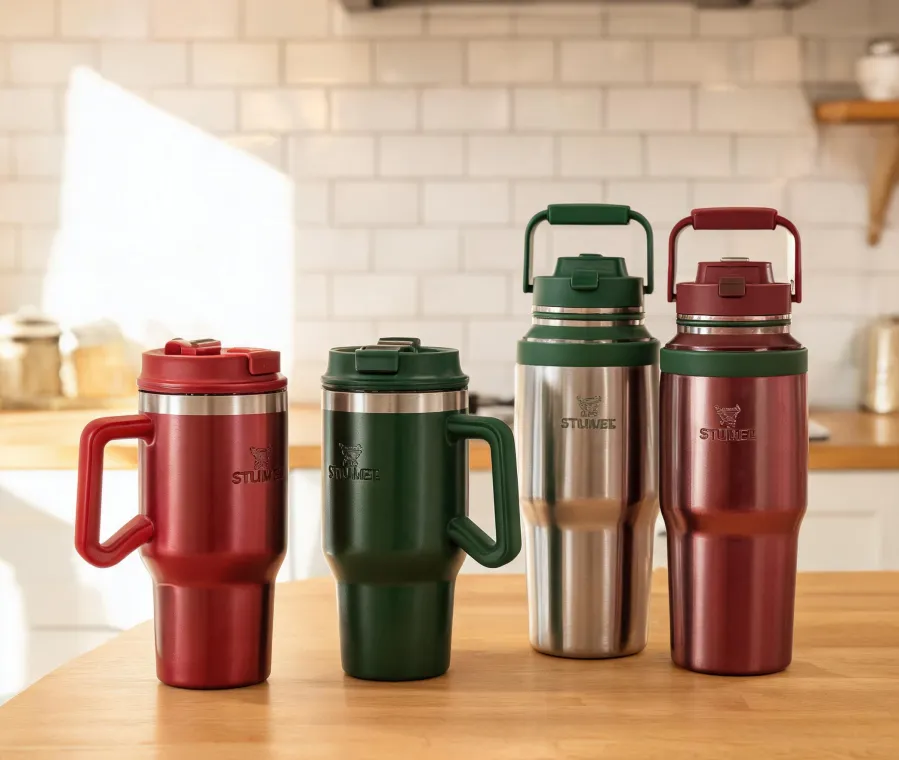 Stanley tumblers and bottles showing lid and handle details